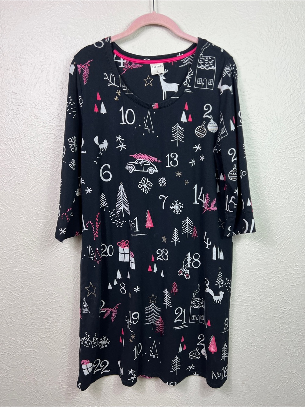 Soma Holiday Christmas Advent Allover Print Black 3/4 Sleeve Sleepshirt Small